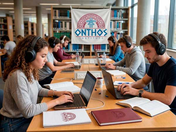 Adultos jóvenes estudiando con computadoras y audífonos